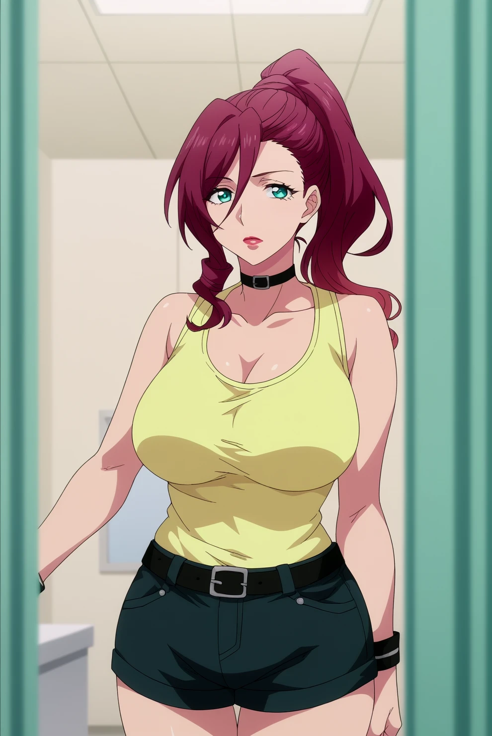 score_9, score_8_up, score_7_up, score_6_up, score_5_up, score_4_up, source_anime,anime screencap BREAK anime coloring,mature,akane ryuzoji,1girl,solo,long hair,ponytail,large breasts,choker,lipstick,lips,striped yellow tank top,neckband,dark black short shorts with straps around belly, upperbody,hospital,screen <lora:Akane Ryuzoji - PDXL.safetensors:0.8>