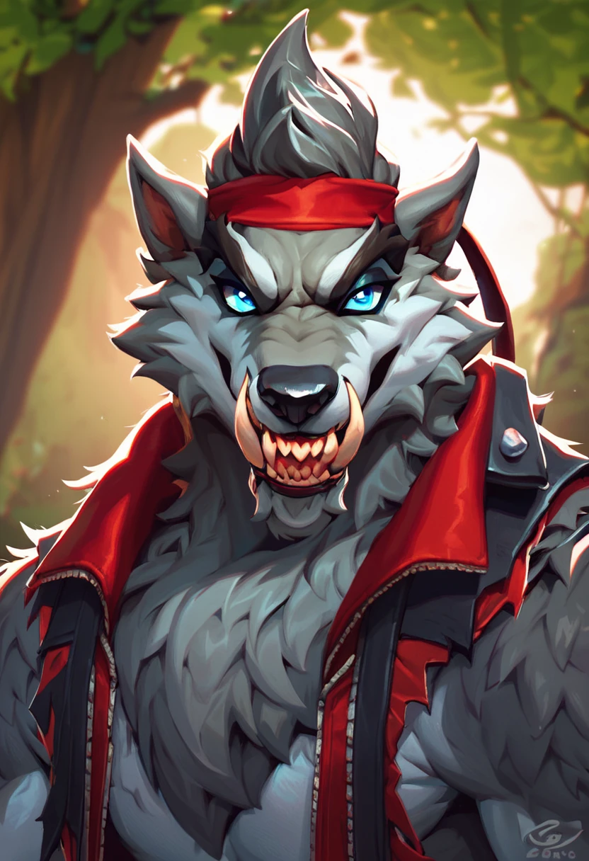 score_9, score_8_up, score_7_up, best quality, highres, 1boy, solo, upper body, dire, fortnite, werewolf, furry, grey fur, blue eyes, headband, seductive, forest, detailed background, looking at viewer, <lora:Dire_Fortnite:1>