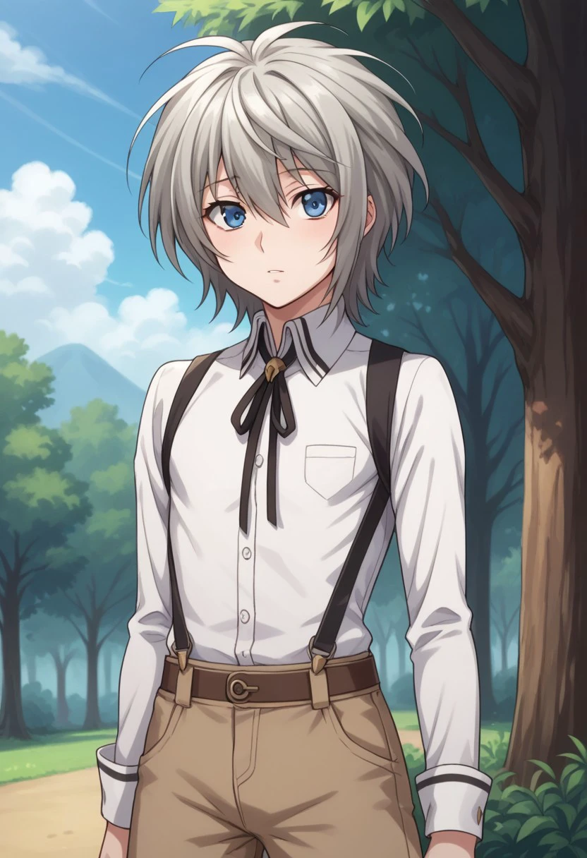 score_9, score_8_up, score_7_up, source_anime, highly detailed, 
shiina, solo, blue eyes, male focus, 1boy, shorts, upper body, grey hair, standing, long sleeves, looking at viewer, androgynous, brown shorts, ribbon, neck ribbon, blue eyes, shirt, white shirt,
outdoor, sky, tree