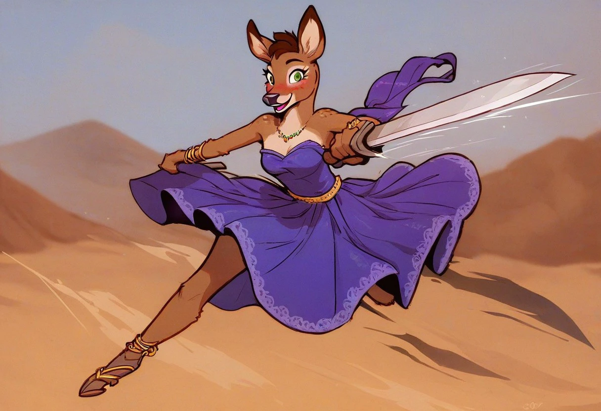 score_9, score_8_up, score_7_up, Penny Carson, 1girl, deer girl, solo, brown hair, brown fur, breasts, cute, green eyes, animal ears, furry female, smile, blush, jewelry, looking at viewer, prom dress, strapless dress,  flat colors, big sword, holding sword, flying, jump, acrobatic, speed lines, open mouth, excited, martial arts, desert, epic