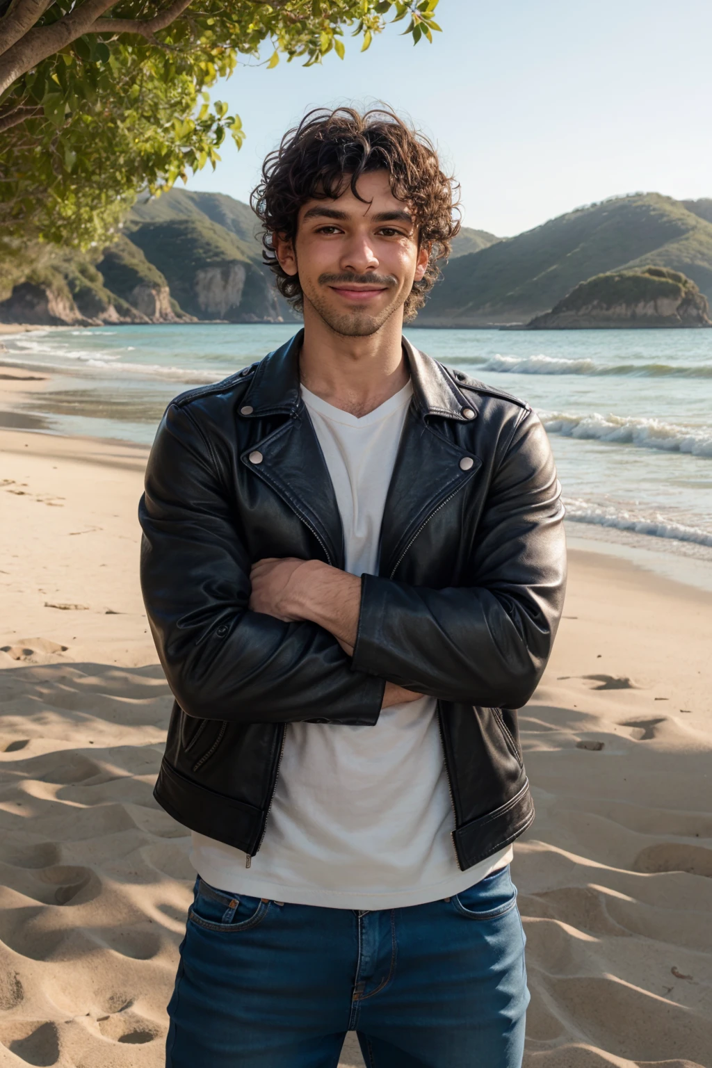 1man, solo, shortforbitch, mexican, leather jacket, (hairy:1.15), curly hair, black hair, stubble, looking at you, soft smile, beach, jeans, daylight, crossed arms<lora:EMS-280859-EMS:0.750000>