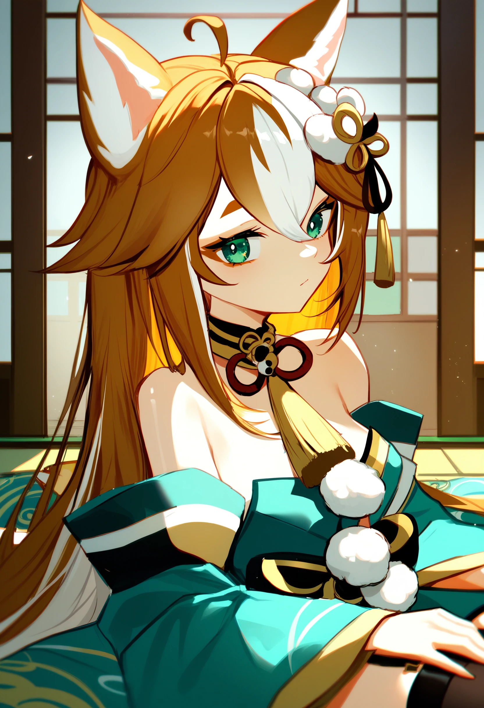 hina \(genshin impact\), 1girl, breasts, animal ears, dog ears, dog tail, solo, dog girl,
brown hair, very long hair, ahoge, japanese clothes, multicolored hair, white hair, streaked hair,
green eyes, looking at viewer, green kimono, pom pom hair ornament,
black thighhighs, bare shoulders, hair ornament, wide sleeves, upper body, garter straps, hair between eyes, sitting,
indoors, shouji, sliding doors,
absurdres, score_9, score_8_up, score_7_up, score_6_up, best quality, masterpiece, very aesthetic
<lora:monmusu_superlora_v1:1>