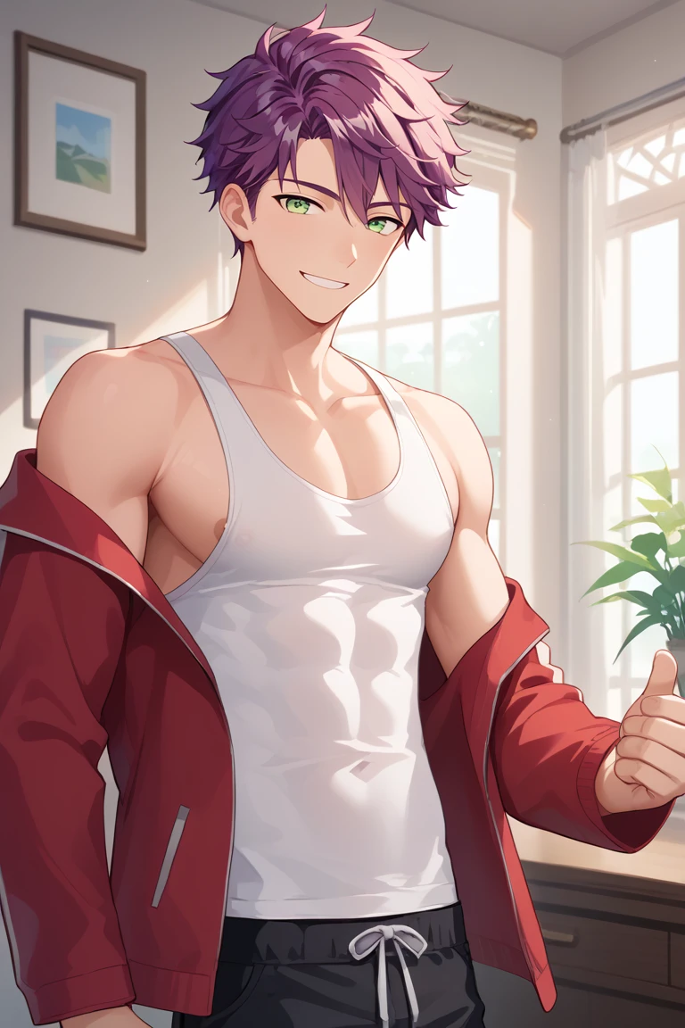 score_9, score_8_up, score_7_up, score_6_up, boy, red hair, short hair, hair down, bangs, grin, shirtless, purple briefs, cool, front, fit, huge bulge, flexing, looking at viewer, simple white background, concept art, RinotunaYei,