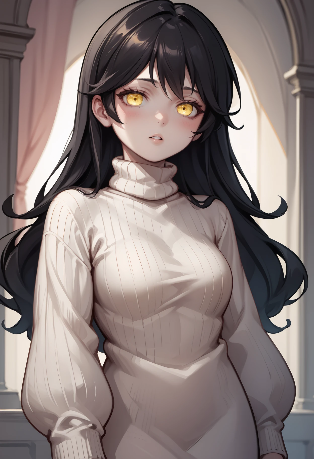 score_9, score_8_up, score_7_up, source_anime BREAK 1girl, solo, <lora:grimmi-vtuber-richy-v1_pdxl:1> grimmi, black hair, yellow eyes, long hair, turtleneck sweater, ribbed sweater, parted lips, blush, looking at viewer