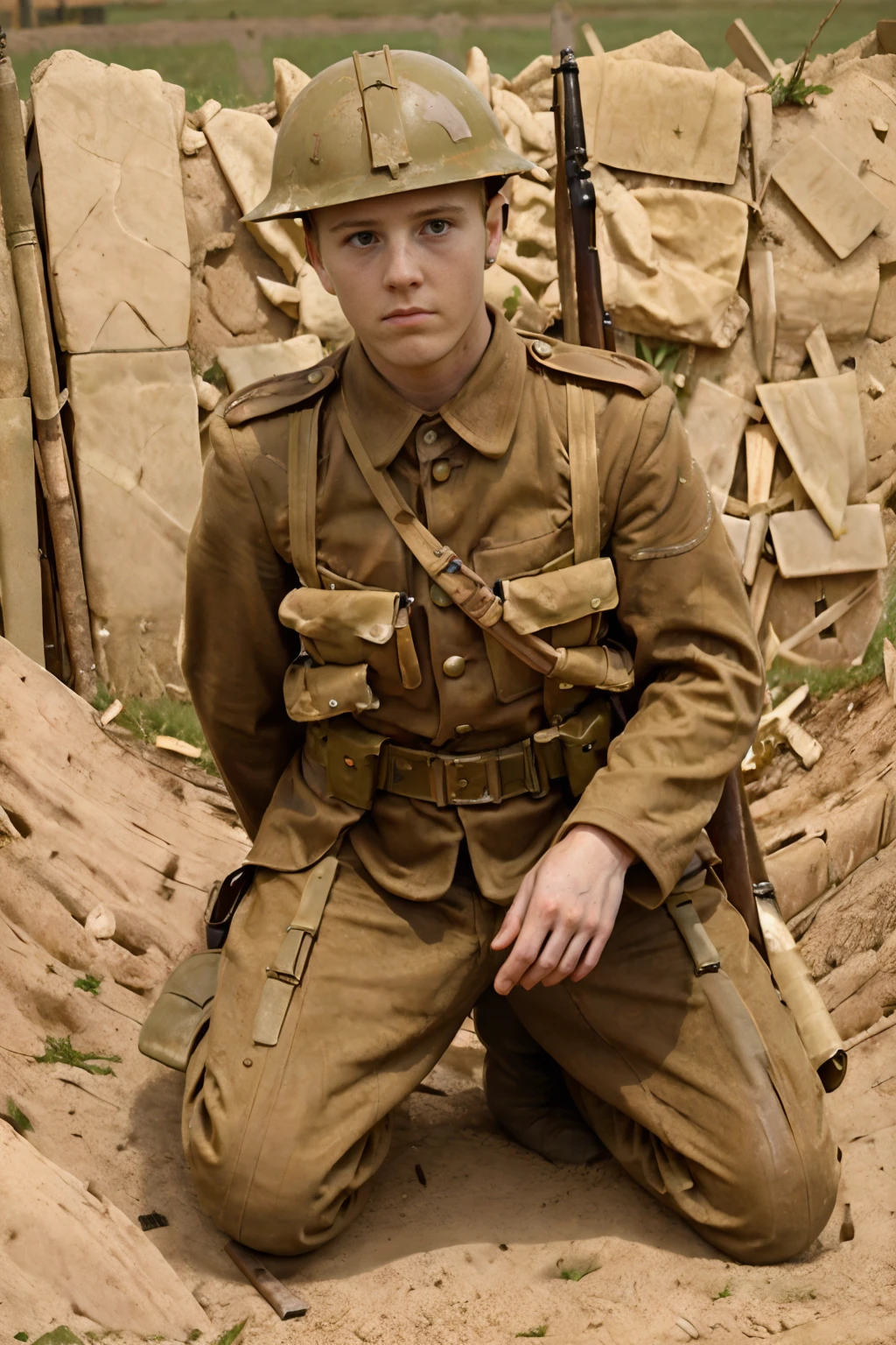 Worlds War I, Battle of the Somme, kneeling in a trench, auburn hair, tired and exhausted, JPDubois, wearing uniform of world war one British soldier, (((full body portrait))), wide angle  <lora:JPDubois:0.8>   <lora:ww1brit_v0.1:0.8>