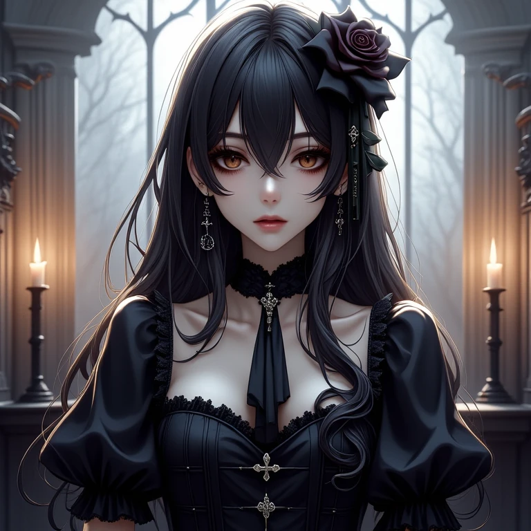 masterpiece,high resolution,super realistic,
, gothicstylenext,
masterpiece,high resolution,detailed, gothicstyle, 1girl, solo, dress, long hair, jewelry, earrings, gothic , looking at viewer, short sleeves, candle, black dress, black hair, cross, flower, bangs, black flower, frills, parted lips, black rose, rose, brown eyes, hairband, hair between eyes, hairband, hair ornament, puffy sleeves, puffy short sleeves, gothic, frilled dress ,
, <lora:Gothic_haunted_world_r1:0.8>,