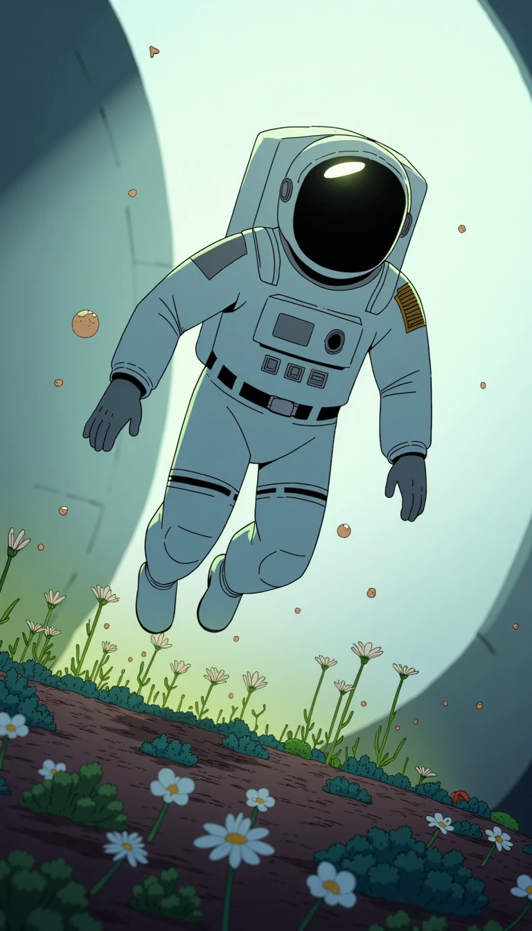 An astronaut in a white spacesuit floats gracefully above a lush garden of delicate, white flowers on rich, dark soil. The astronaut’s visor reflects the soft, ambient light of a futuristic, sterile chamber. Tiny particles of earth hover in the air, illuminated by subtle beams of light. The curved walls in the background add to the enclosed, surreal atmosphere, while the astronaut's gloved hands reach out as if to touch the plants, symbolizing the merging of technology and nature. Flat art