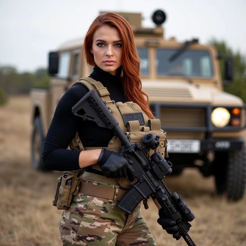 A photograph, a petite red-haired French woman wearing a sleek black turtleneck and OCP combat pants with a tactical belt and OCP Plate carrier. she holds a marksman rifle. Standing in a field next to a military APC.