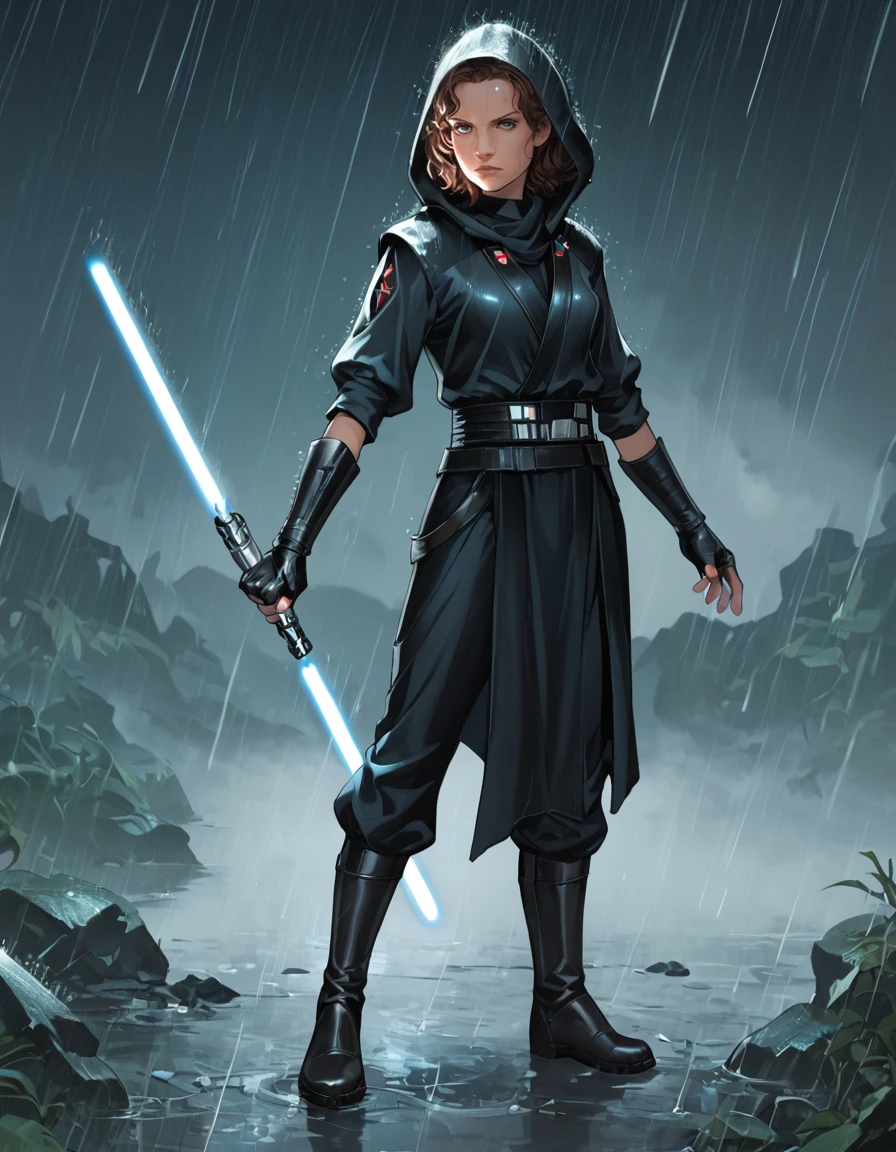 score_9, score_8_up, score_7_up, darth-zannah, zannah, star wars, 1girl, brown hair, short hair, solo, weapon, blue lightsaber, hood, sword, boots, fingerless gloves, gloves, long hair, standing, science fiction, rain, laser <lora:Darth_Zannah:.5> <lora:SW_Rain_Darth_Zannah:.5>