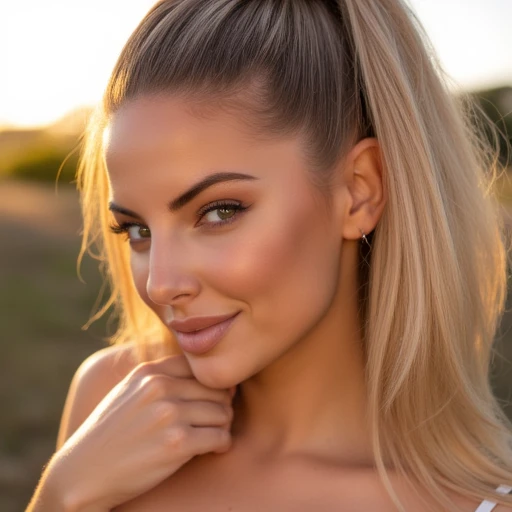 Al3x1, close-up photograph, high ponytail, blue eyes, blonde hair, natural makeup, outdoors, golden hour, woman