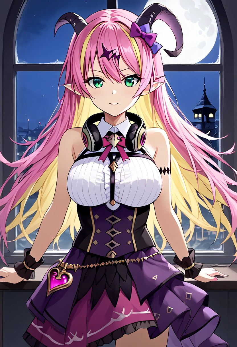 1girl, solo, highres, ManoAloe, long hair, multicolored hair, blonde hair, pink hair, horns, demon horns, two-tone hair, pointy ears, hair ornament, asymmetrical horns, green eyes, bangs, hair between eyes, colored inner hair, horn bow, hair bow, horn ornament,
breasts, bare shoulders, bow, chest harness, sleeveless shirt, wrist cuffs, purple skirt, arm strap, white shirt, headphones, headphones around neck,
indoor, window, night, moon, moonlight, backlighting, 
holding microphone,