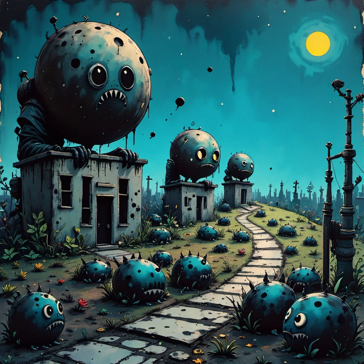 2d, surrealism, minimalistic, sad dark, futuristic world where the remnants of ancient civilizations have merged with the natural landscape, creating a haunting blend of organic and technological ruins. The sky is filled with floating, glowing orbs that monitor the planet's surface, remnants of a long-forgotten AI, highly detailed, Realistic, Black lighting, deep blue, eerie, pristine, serene  <lora:surrealism-v1:1>