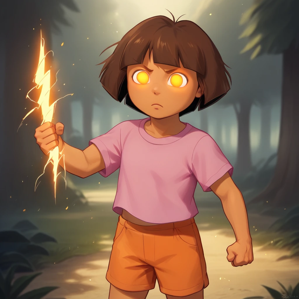 score_9_up, score_8_up, BREAK,  1girl, solo, Dora, short hair, brown hair, glowing eyes, no pupils, tan, pink shirt, orange shorts, <lora:DoraTheExplorer_XL_Leaf3:0.8>,  outdoors , holdingzeusthunderbolt, holding thunderbolt,  <lora:HoldingZeusThunderBolt_PXL_Leaf1:1>, cowboy shot, clenched hand, light particles,