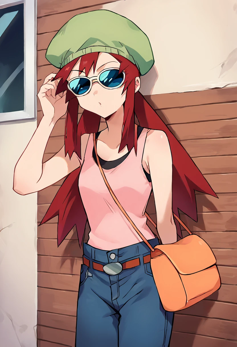 score_9, score_8_up, score_7_up, masterpiece, source_anime 1girl, ct_melody, blue eyes, red hair, twintails, green headwear, sunglasses, pink tank top, jeans, belt, brown handbag, indoors, wooden wall, looking at viewer, cowboy shot, <lora:Melody_Pony_ct:1>