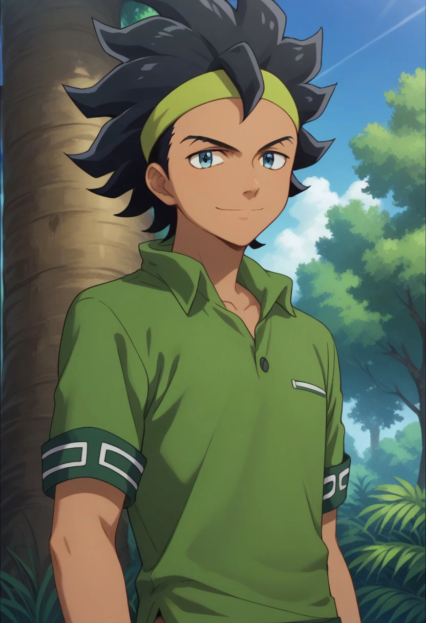 score_9, score_8_up, score_7_up, source_anime, highly detailed, 
kurama, 1boy, solo, male focus, black hair, dark skin, dark-skinned male, looking at viewer, standing, headband, short sleeves,  blue eyes, shirt, smile, green shirt, bracelet, upper body
outdoor, sky, tree