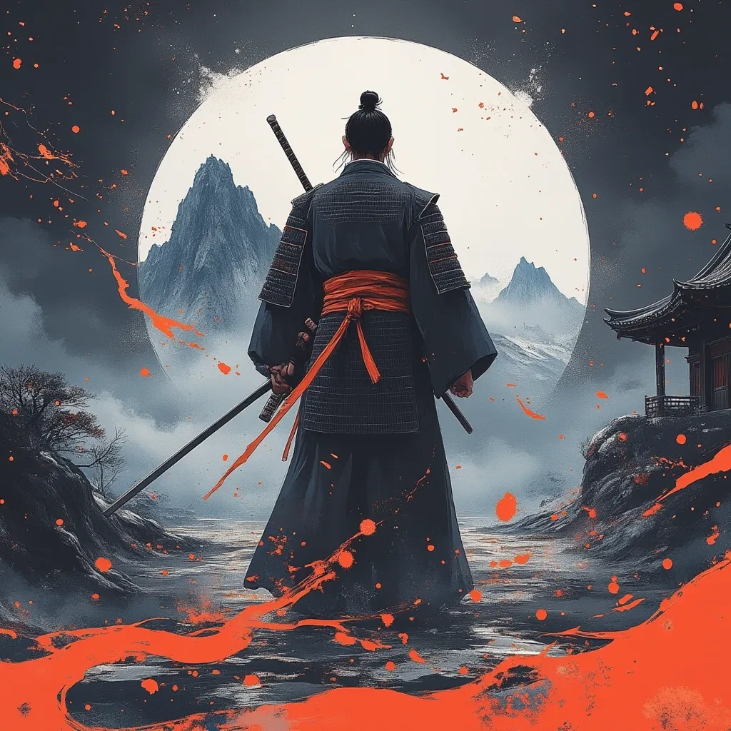 samurai and the mountain  in the style of TOK