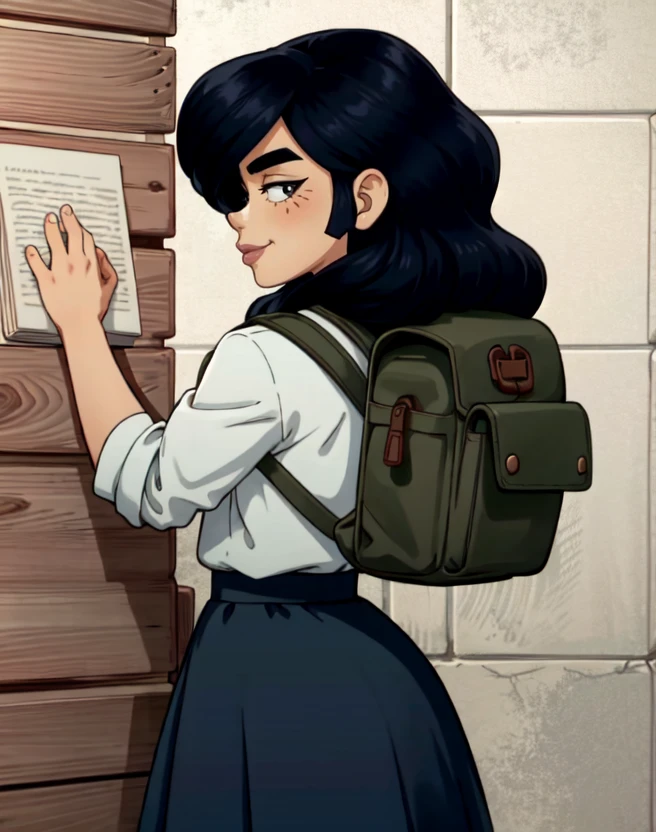 [masterpiece], 1girl, solo, <lora:Xochi:1>, xochi, sassy smile, smirk, backpack, school uniform, holding book, skirt, heavy breathing, against a wall, facing viewer,