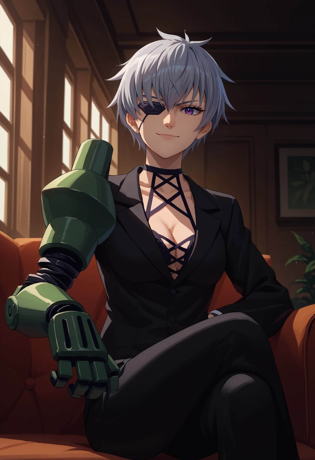 score_9, score_8_up, score_7_up, source_anime, solo, 1girl, agknajenda, single mechanical arm, smirk, looking at you, sitting, chair, crossed legs, grey hair, purple eyes, eyepatch, formal, black jacket, long sleeves, black pants, black choker, cleavage, indoors
<segment:yolo-face_yolov8m.pt,0.4,0.5//cid=1>