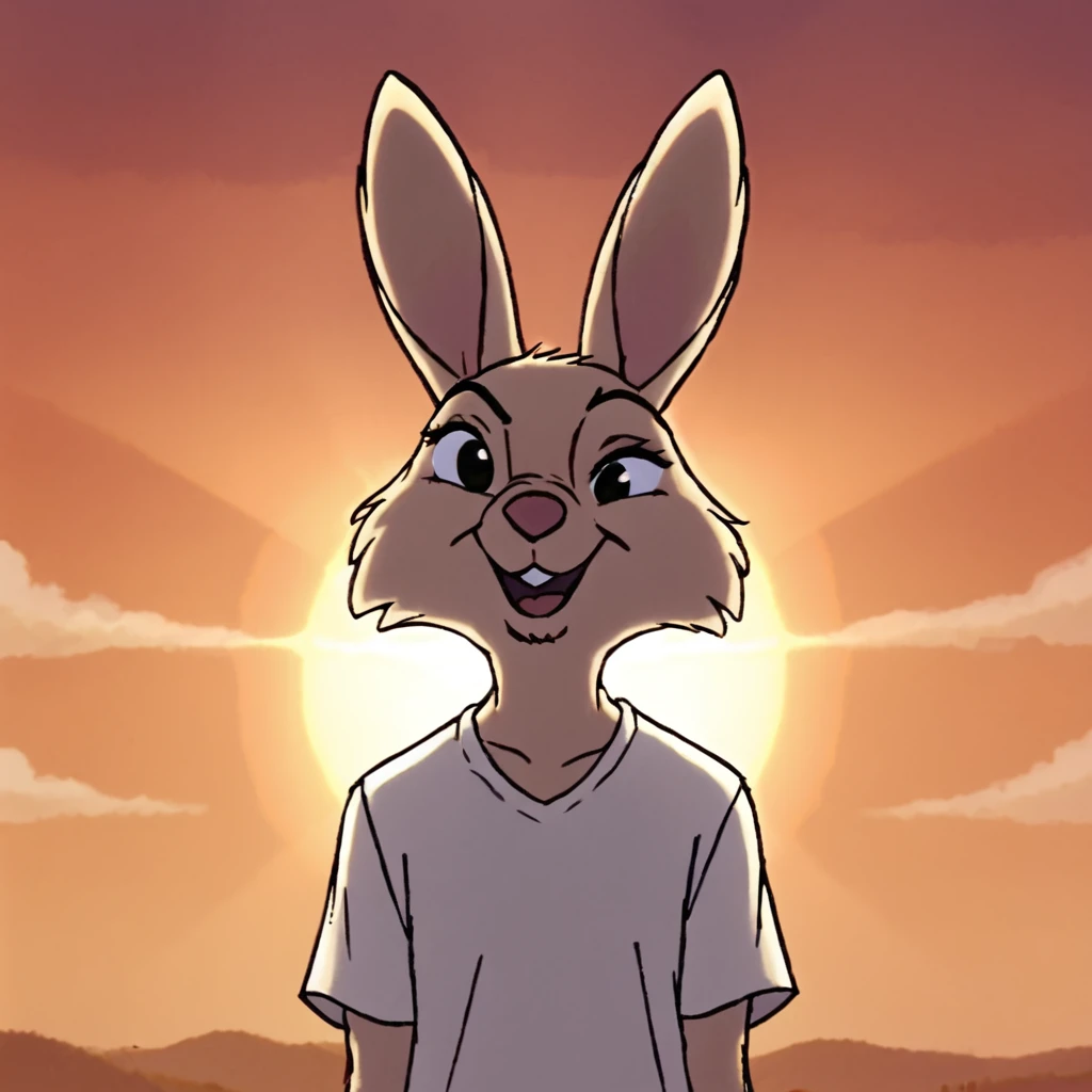 sis happy, backlighting, sunset, wearing white tshirt, raised eyebrow, (bunny girl:0.5), upper body portrait <lora:sis-ponyv6xl:1>