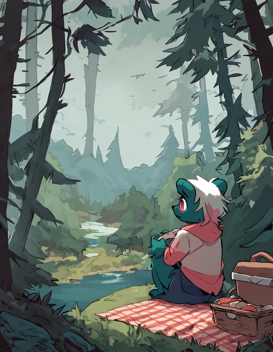 score_9, score_8_up, score_8,
 <lora:Rinor_Cult_of_the_lamb_for_PonyXL:0.8> pink eyes, furry female, 1girl, white hair, r1n0r, solo
sitting, picnic, forest, lake, scenery, epic