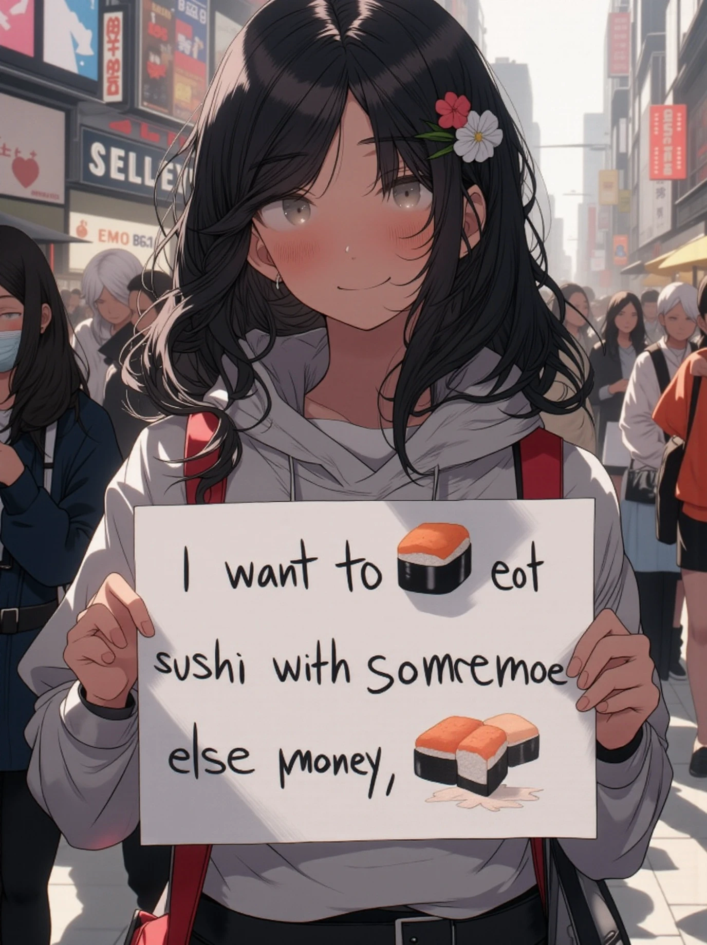 girl holding a sign that reads "I want to eat sushi with someone else's money" .