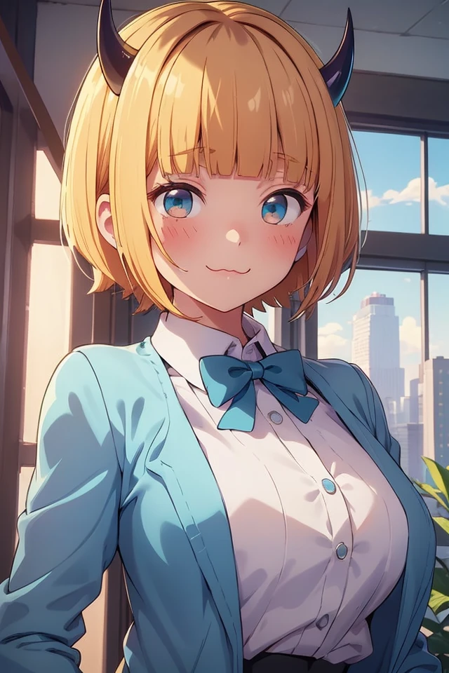 (P_Mem_Cho), 1girl, solo, short hair, :3, blunt bangs,  smile, blush, looking at viewer, (tiny horns), memcho, black hair roots, blonde hair,
blue open jacket, white dress, blue bow tie, white shirt,