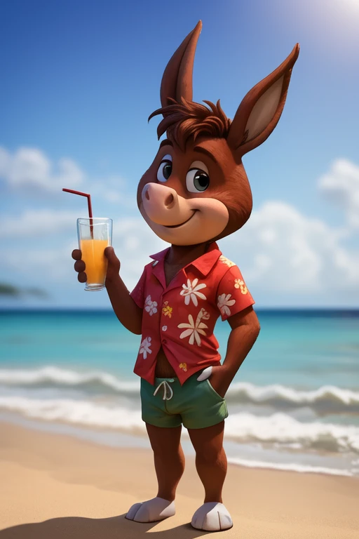 BabaLouie, male, burro, hawaiian shirt, shorts, standing, pinup, beach, sea, sky, holding beverage, <lora:Baba-Louie:0.7>, uploaded on e621, (detailed background, depth of field), (intricate:1.1), (high detail:1.2), (soft focus), (masterpiece, best quality, 4k, 2k, shaded, absurd res)