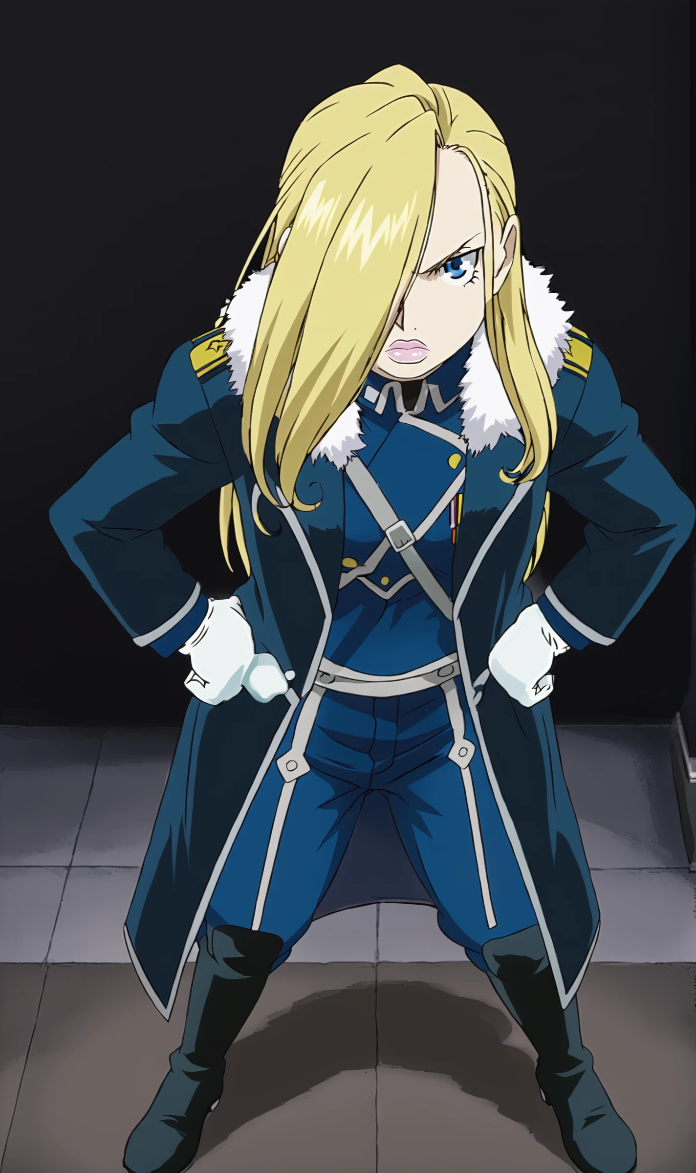 OMA, 1girl, solo, blonde hair, long hair, hair over one eye, blue eyes, lipstick, military uniform, coat, fur trim, white gloves, blue pants, knee boots, standing, hands on hips, angry, from above, looking at viewer, simple background, black background, <lora:Olivier Mira Armstrong Pony XL:0.9>