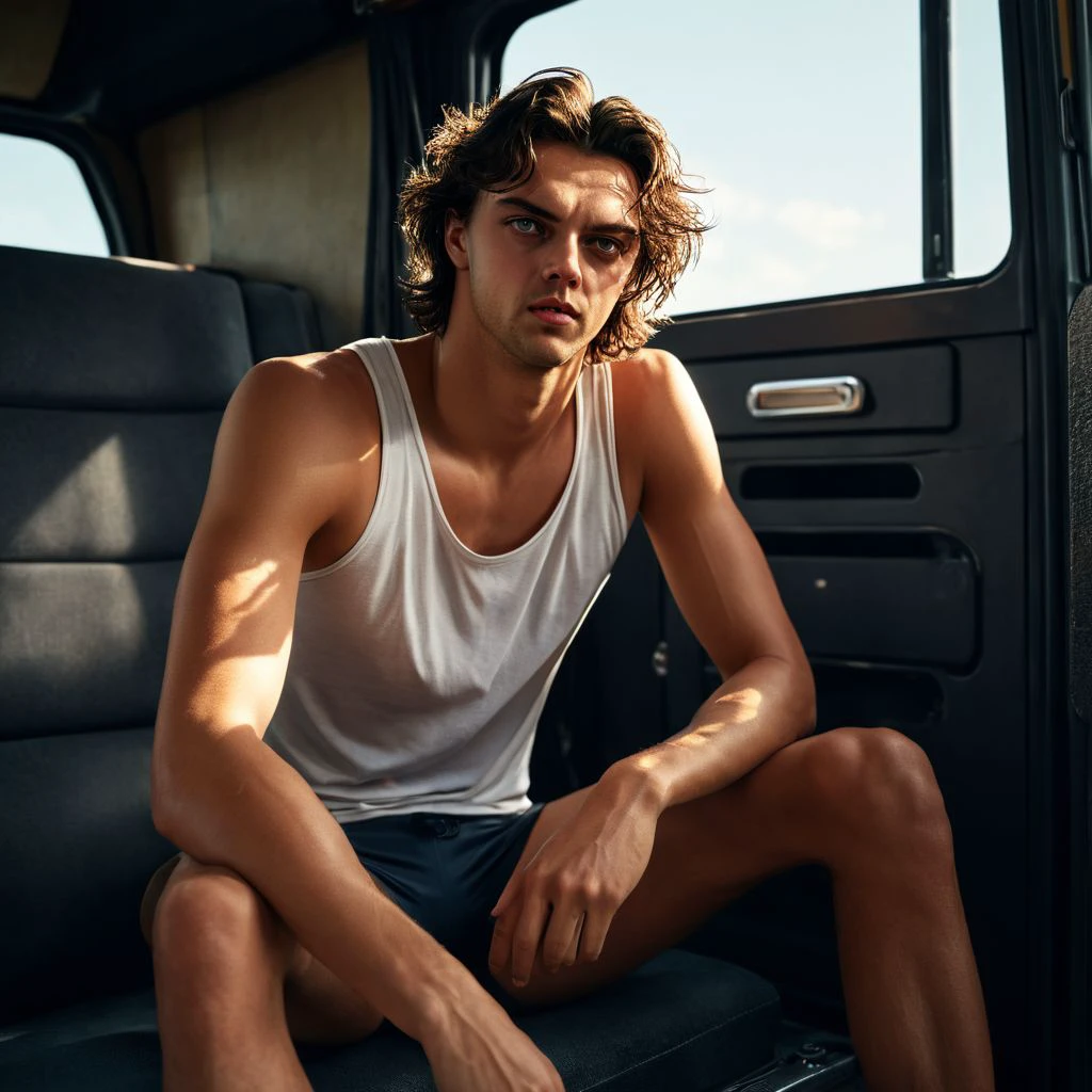 low camera shot, Thomas Ceccon a man <lora:Thomas-Ceccon-000001:1>, rugged,detailed face, sitting legs crossed inside cabin lorry, legs dangling, wearing tank top, sunlight, barefoot, masterpiece,8k,depth of field, bokeh, detailed,sharp focus,,elegant, cinematic lighting, ,photorealistic, taken using a Leica SL2 & the APO-Summicron-SL 28 f/2 ASPH lens, shutter speed 1/200s, ISO 100 and natural light, Hyper Realistic Photography, Cinematic, Cinema, Hyperdetail, UHD, Color Correction, hdr, color grading, hyper realistic CG animation ((remarkable color)), (ultra realistic), textured skin, remarkable detailed pupils, ((realistic dull skin noise)), ((visible skin detail)), ((skin fuzz)), shot with cinematic camera, 3D render, ((hyper realism)), sharp focus, cinematic lighting, photo realistic, hyper realistic. 4k, natural, global illumination, caustics, ratytracing, Unreal Engine, highly detailed, High dynamic range, vivid, rich details, clear shadows and highlights, realistic, intense, enhanced contrast, highly detailed <lora:add-detail-xl:1>