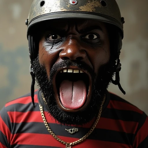 wojak, soyjak, striped shirt, what, tongue, closed mouth, black eyes, male focus, crying, beard, helmet, portrait, :d, dark-skinned male, necklace