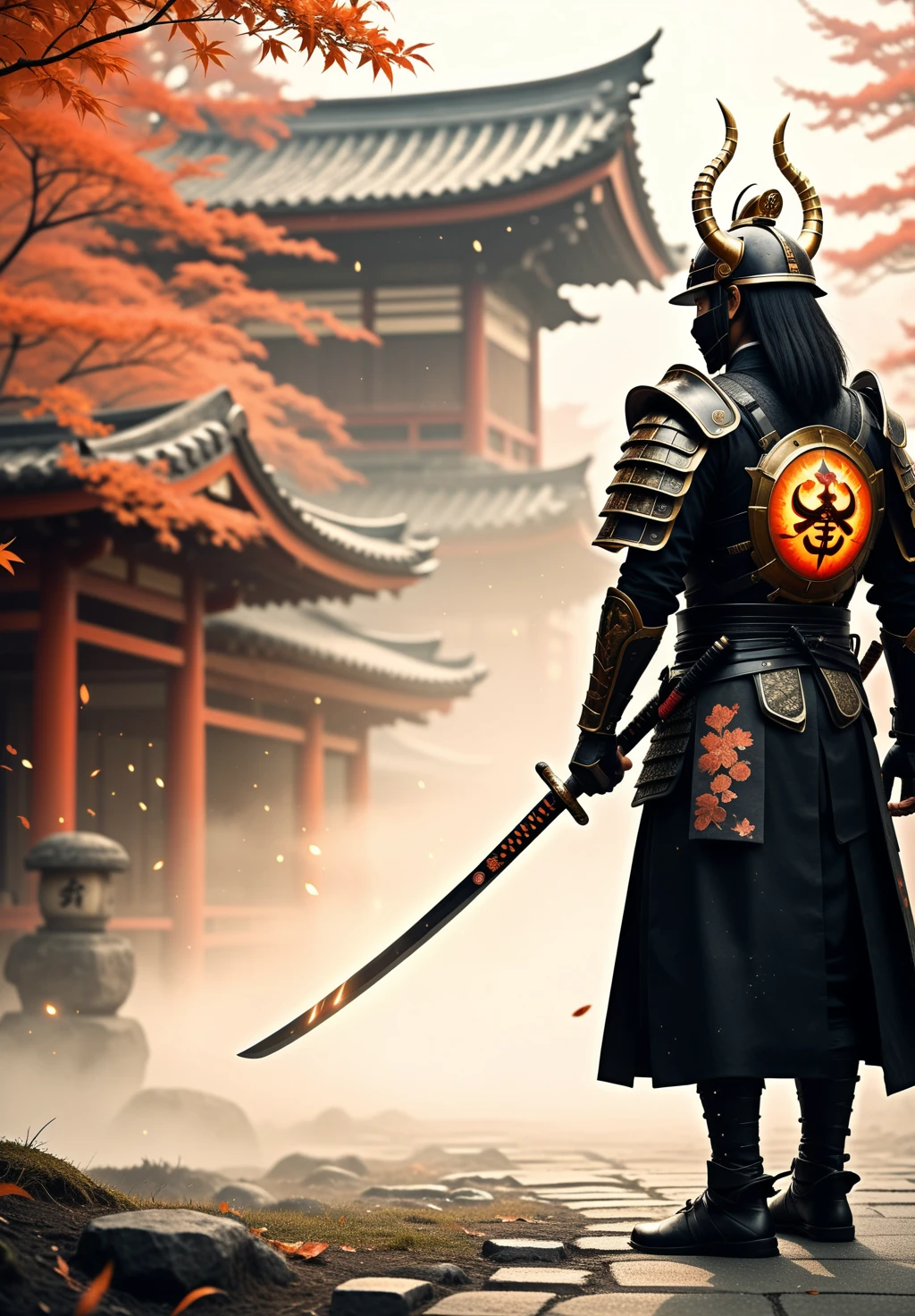 full body from behind, of a futuristic samurai warrior dressed in intricate black armor with golden accents, holding a glowing katana in a misty, ancient Japanese village. The warrior's helmet is adorned with a curved horn and a flowing ponytail, with a glowing orange emblem on the chest. The scene captures a dramatic moment with falling leaves and a blurred background, emphasizing the samurai's readiness for battle. Shot with an ARRI Signature Prime 40mm T1.8 Lens, at f/1.8, ISO 400, 1/60 shutter speed, capturing the fine details and cinematic contrast, adding depth and atmosphere to the scene, <lora:BDetailedv3-000007:1>