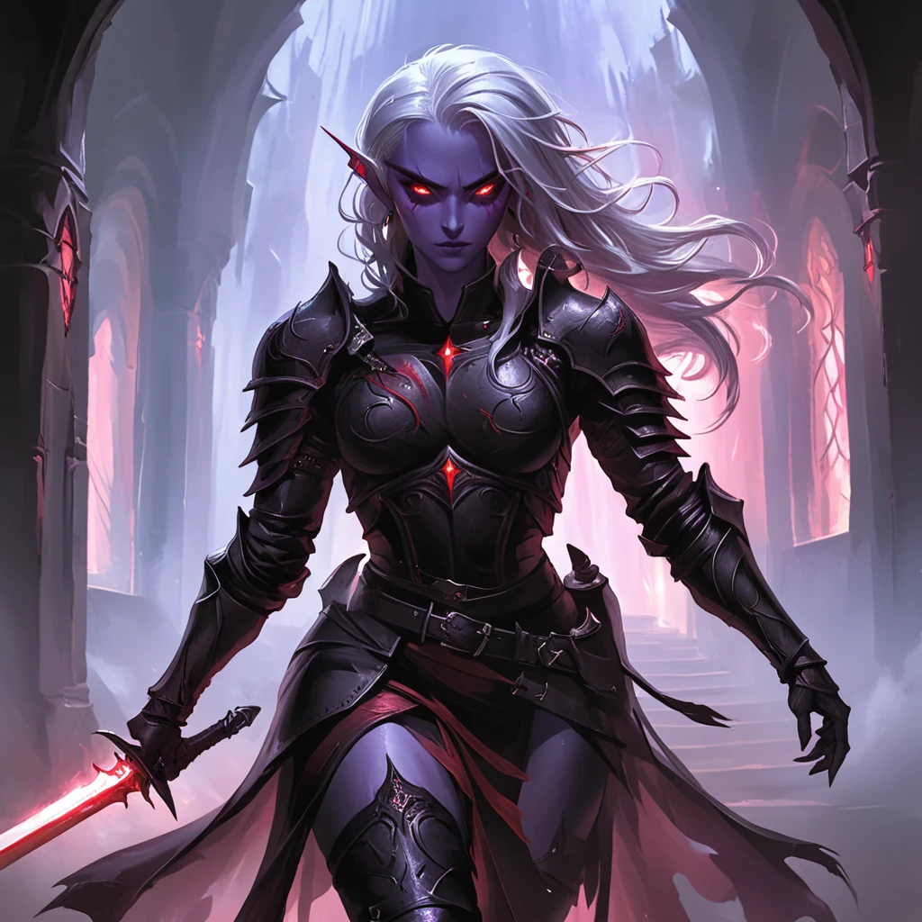 Dark Elf Warrior, holding greatsword, swinging sword, aggressive, glowing red eyes, leather armor, beautiful