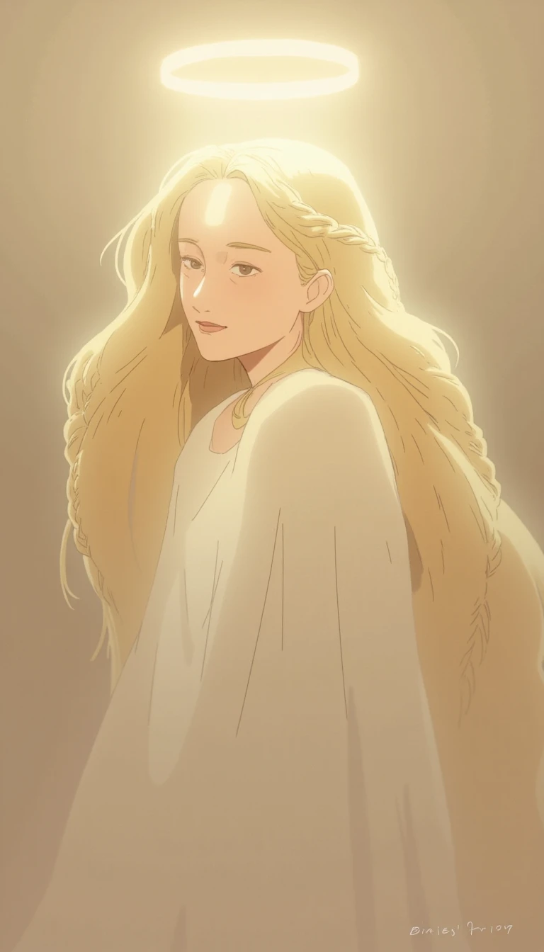 A soft, ethereal portrait of Miquella, a young boy with long, flowing blonde hair, delicately braided on the sides. A gentle halo of light hovers above her head, casting a warm, golden glow over her serene face. She wears a flowing white gown, blending into the misty, sepia-toned background. The lighting is soft and diffuse, creating a dreamy, almost divine atmosphere, with subtle highlights accentuating the girl's angelic presence. The overall scene is calm and otherworldly, evoking a sense of peace and purity.
