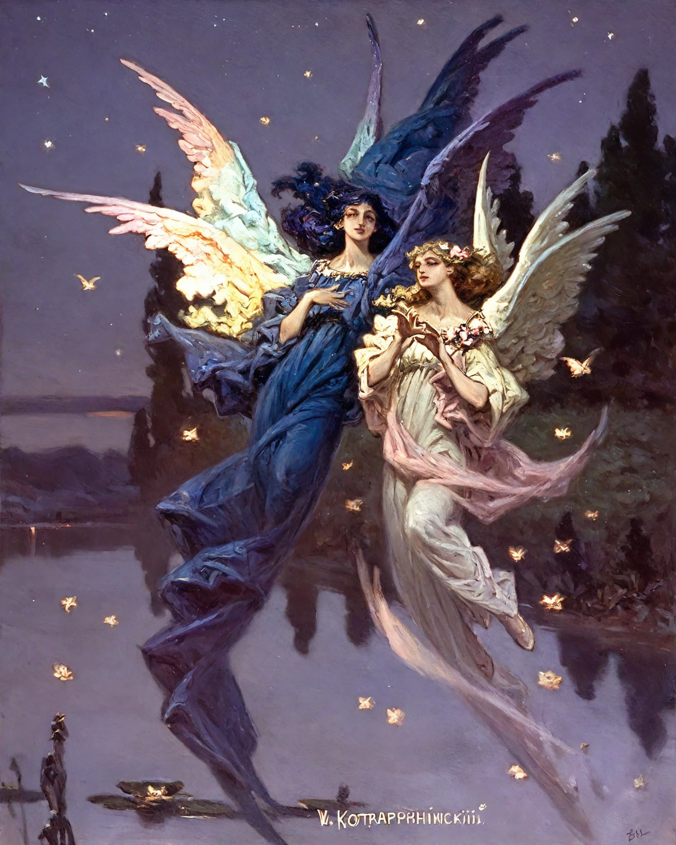 <lora:wilhelm-kotarbinski_pony_v1:1> ' 2girls ' by  Kotarbinski Wilhelm in 1955
 Art Nouveau (Modern) \(style\)
genre painting  \(genre\)
two ethereal angels flying at night, score_9, score_6_up, score_7_up