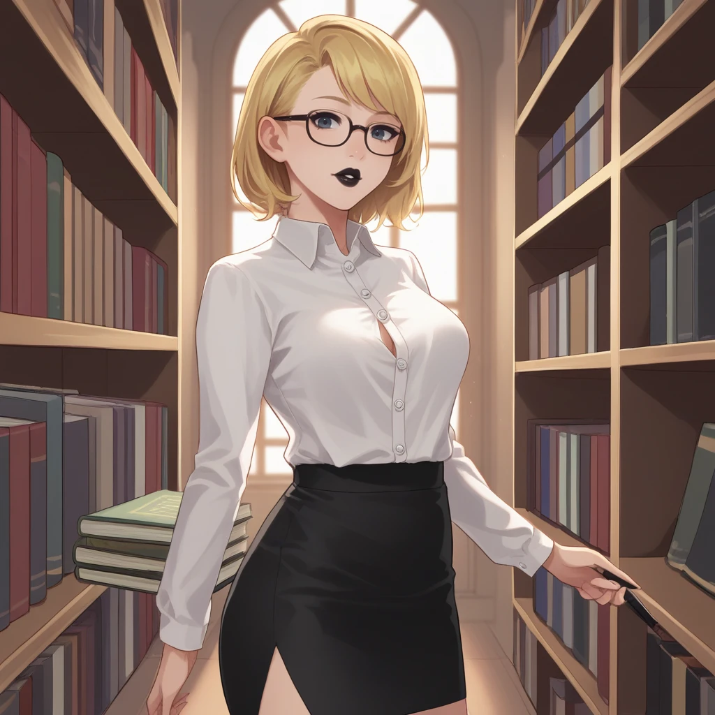 score_9, score_8_up, score_7_up, score_6_up, score_5_up, score_4_up, zPDXL2,source_anime,rating_questionable,1girl, glasses, looking at viewer, white button shirt, black pencil skirt, black lipstick, blonde hair, <lora:Library:0.8> l1brary, library, indoors, window, books