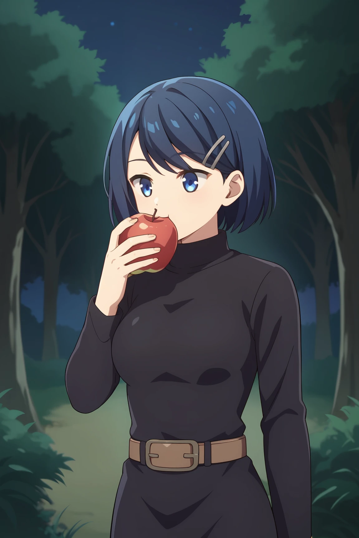 score_9, score_7_up, source_anime, <lora:clay-pony:0.8>, clay_wz, short hair, blue hair, blue eyes, hair ornament, hairclip, breasts, long sleeves, black dress, black pants, brown belt, turtleneck, night, forest, cowboy shot, eating, apple,