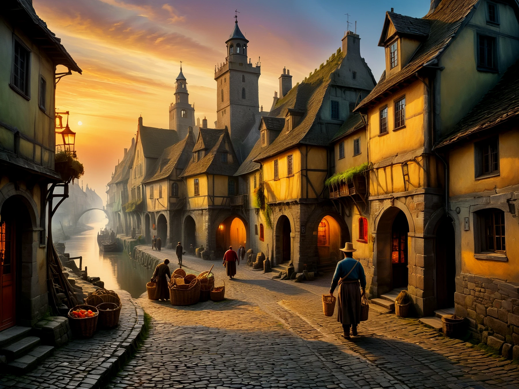 Abstract. Surreal. Vivid.

People working, carrying baskets and goods, along the cobblestone street of an ancient village beside a river. A bridge . A flag on a tower. Sunset.

Atmospheric, moody, rustic.

<lora:CuriousWorld01-03c_CE_SDXL:1.3> crswrldCE