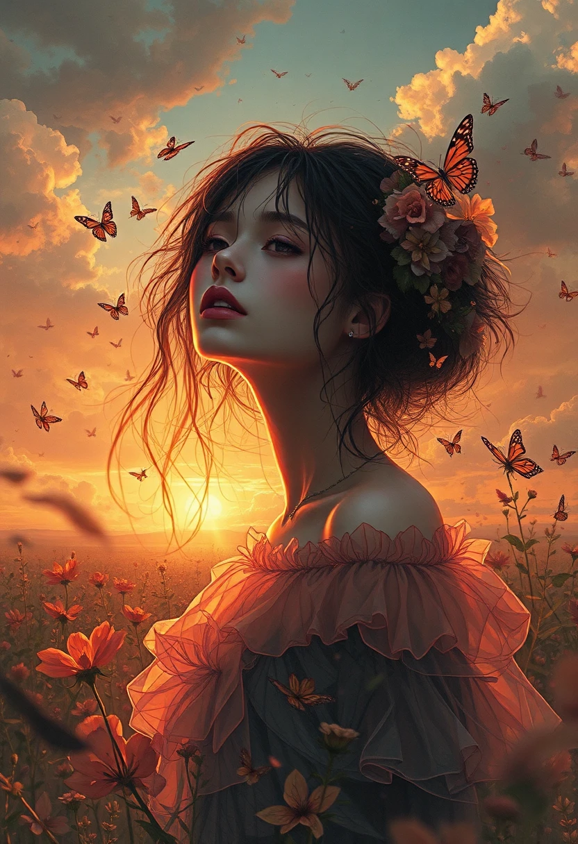 ((absurdres posterart)) realistic graceful 20-year-old 1girl,A dress of flowers and butterflys, Perfect clouds in the sunset, motif buttereflies flying firefly, sounds of morning melody, Motif sunset shades, motif sunset tones, Rossdraws, Atey Ghailan, Benedick Bana, and carne griffiths, Fields of flowers,
detailed face focus, rays tracing, piercing light, , long face :1