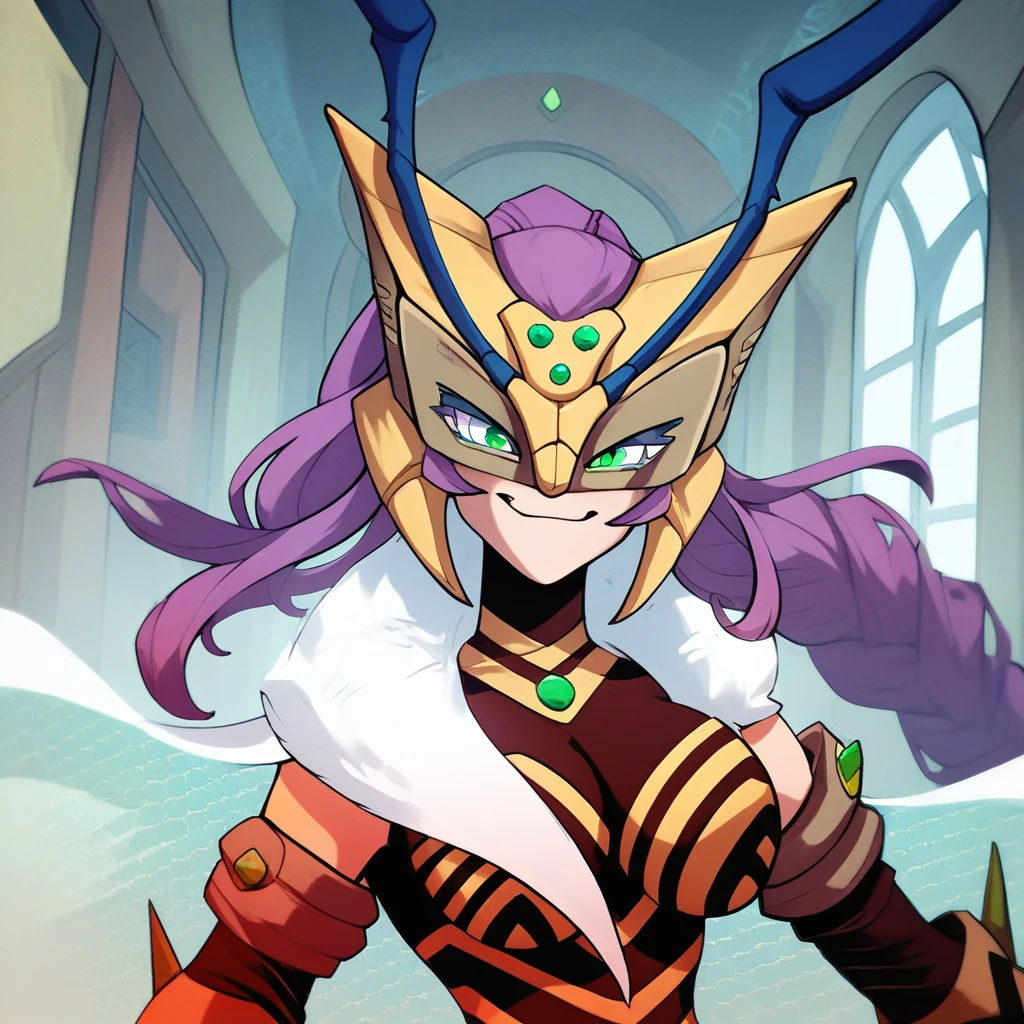 score_9, score_8_up, score_7_up, score_6_up, score_5_up, score_4_up, rating_safe,osiimi,1girl,solo,queenbeemon,upper body,cape,smirk,purple hair,braided ponytail, ponytail over shoulder, hair ornament,indoors,living room, , <lora:QueenBeemonPony:0.97>, zPDXL2