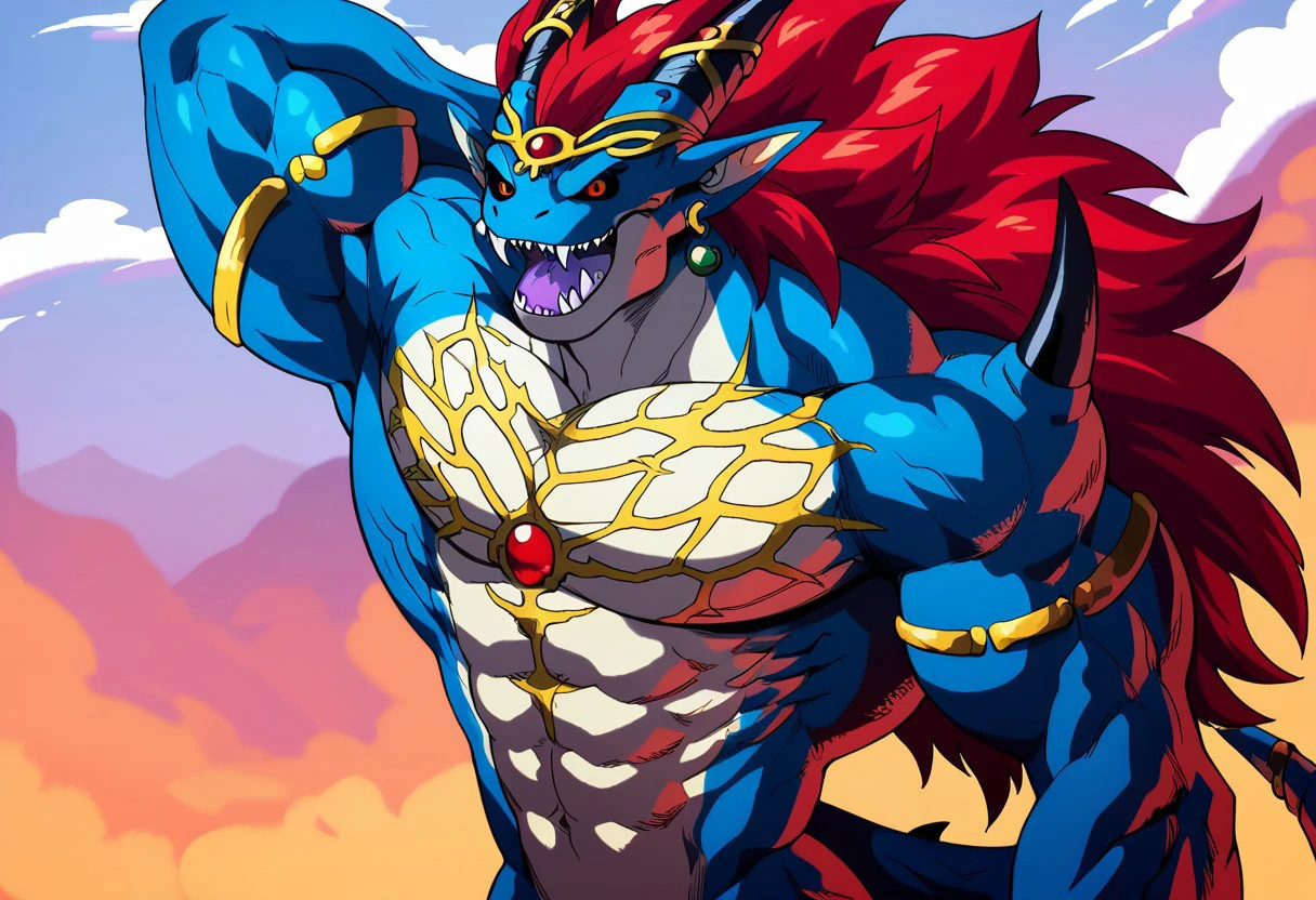 score_9, score_8_up, score_7_up, 1boy, solo, (pokkuti, muscular), Expressiveh, (DemigraTF, monster, demon, blue body, white body, two tone body, blue scales, white scales, two tone scales, horns, green earrings, jewelry, headgear, red hair, long hair, red eyes, black sclera, gold bracelets, sharp teeth, fangs, smile, open mouth, purple tongue, tongue out, angry, looking at viewer), standing, mountaintop, mountains, hand behind head, ((close-up)), standing, detailed background, 4k, masterpiece, best quality, highly detailed, realistic