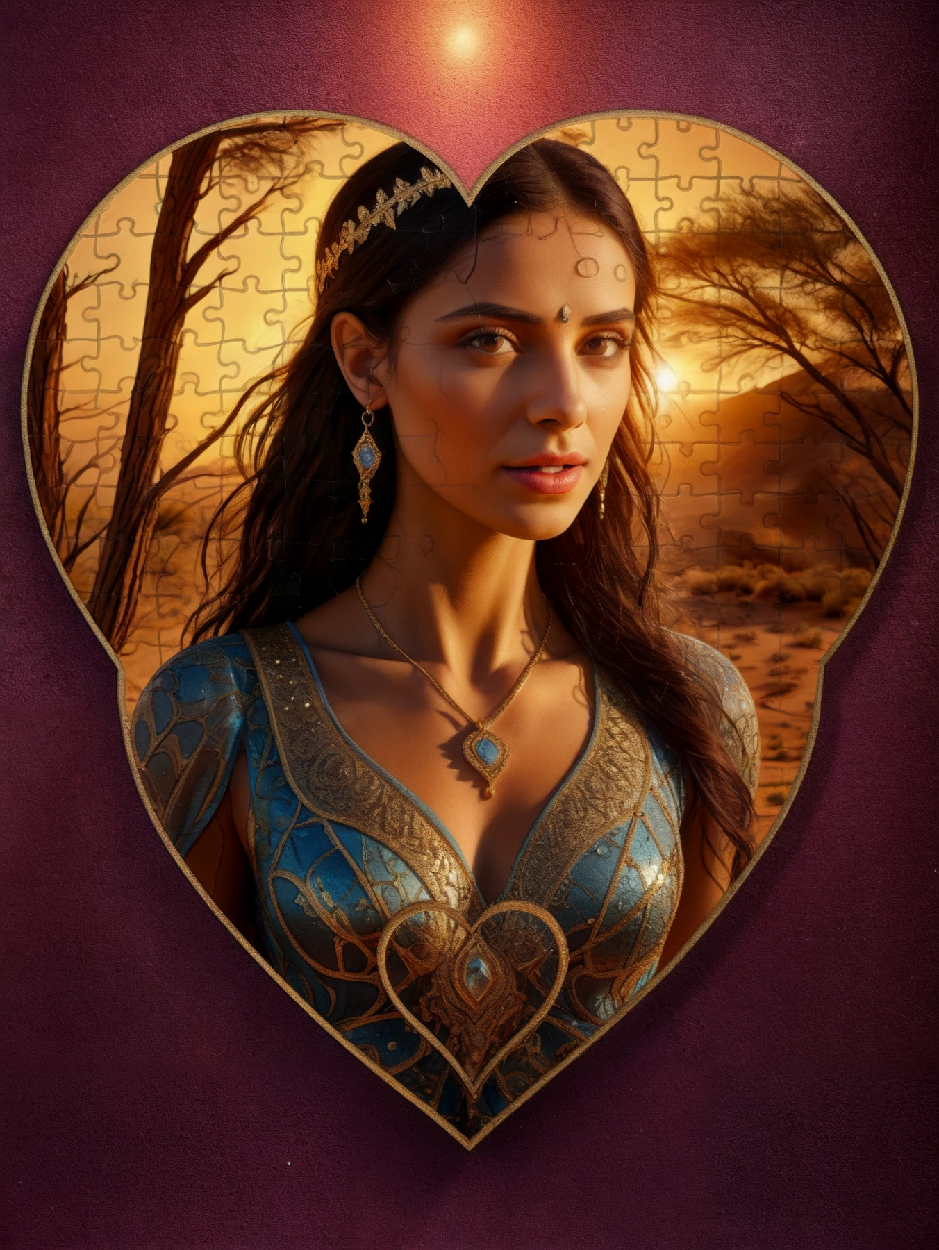 Highly detailed. 

Jigsaw hearts.

A beautiful mystical woman, glittering, ethereal, alluring.

BREAK
A background of desert.

<lora:JigsawHearts01-00_CE_SDXL_128OT:0.6>