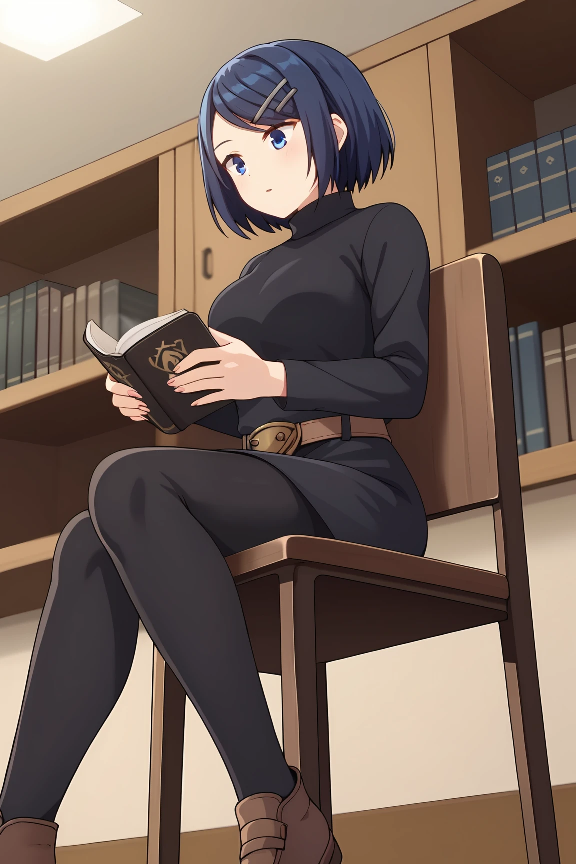 score_9, score_7_up, source_anime, <lora:clay-pony:0.8>, clay_wz, short hair, blue hair, blue eyes, hair ornament, hairclip, breasts, long sleeves, black dress, black pants, brown belt, turtleneck, reading, library, coffee cup, coffee mug, book, from below, sitting, chair, wooden chair, brown footwear, shoes