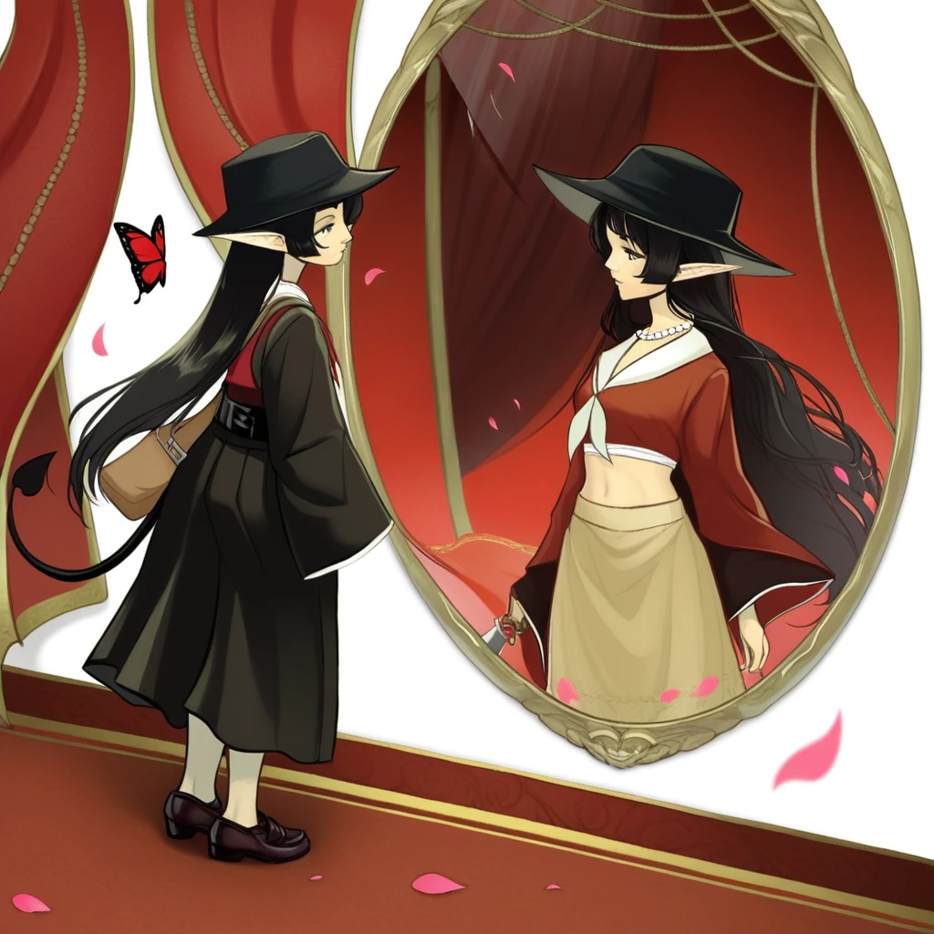 diffRef, butterfly, uneven sleeves, stomach, red background, single horn, long hair, bag, profile, knife, eyepatch, black headwear, parted lips, japanese clothes, red shirt, indoors, black belt, window, petals, black hair, elf, tail, full body, black shirt, white background, school uniform, midriff, tomoe (symbol), ripples, pearl necklace, curtains, mirror