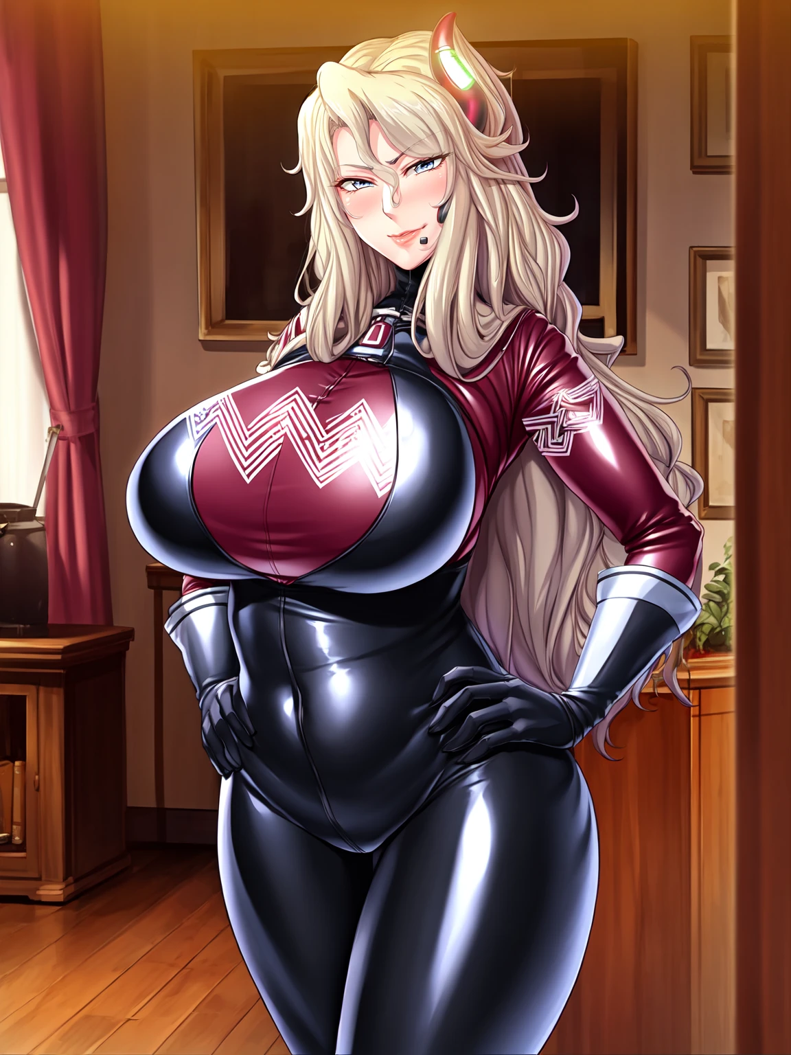 (perfect body),((table top, highest quality, High resolution, nffsw, perfect pixel))、Anime Screen Capture、nsfw、((muscular))、((blush))、1 girl,(((embarrassing、wavy mouth))),(((huge breasts、swollen nipples)))、((((thick thighs、big ass、wide hips))))、((blonde hair))、(((Drill perm、long hair)))、(((Red sci-fi suit、open-chested clothes、leotard with ruffles、white knee socks))、Cyborg Armor、(((green eyes)))、building roof、Noble、((lady))、