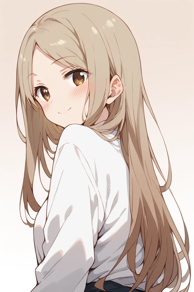 score_9, score_8_up, score_7_up, score_6_up, 
 <lora:Kotone_Noda:1> kotone, 1girl, solo, long hair, brown eyes, smile, looking back, blush, brown hair, looking at viewer, gradient, gradient background