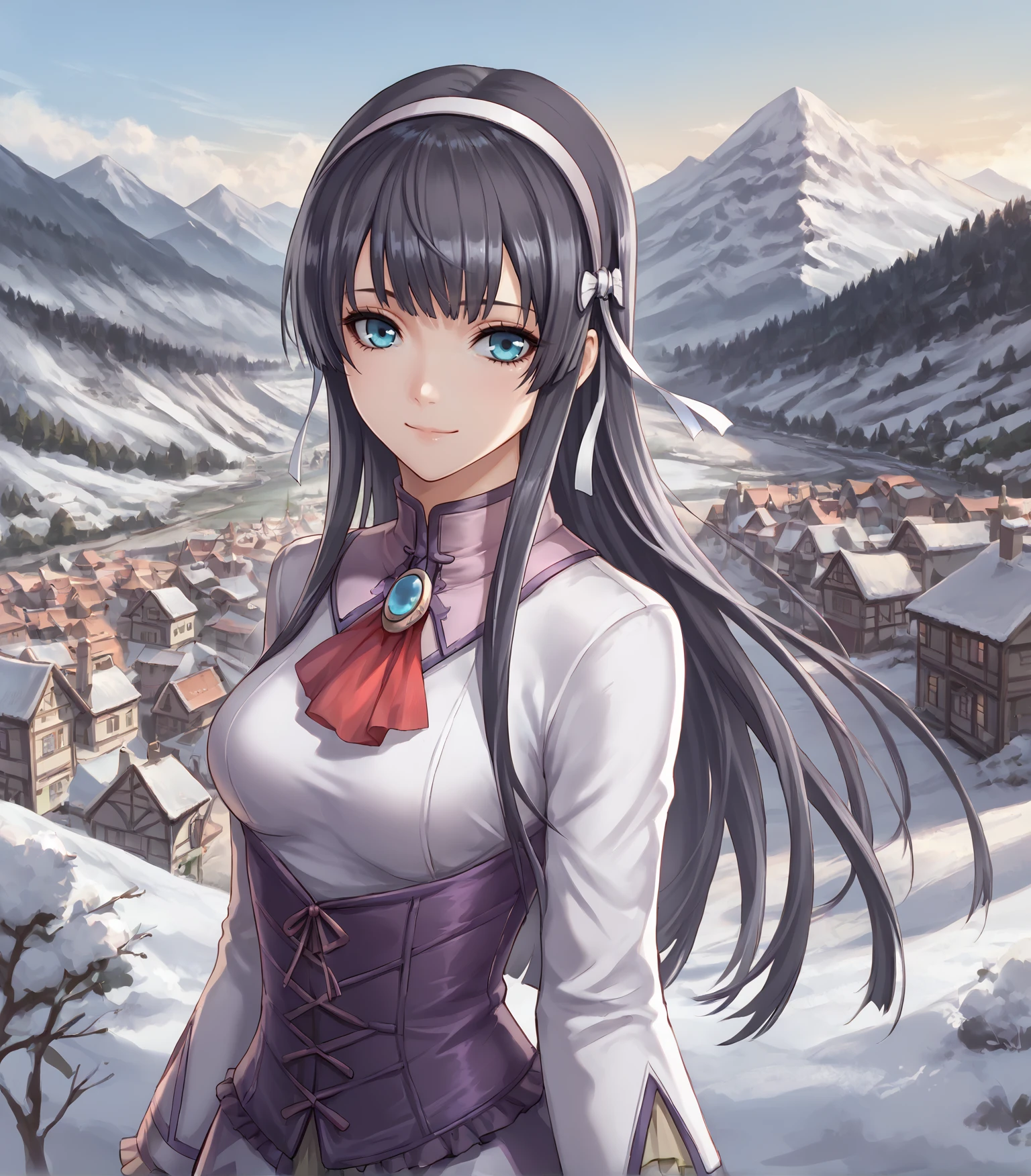 score_9, score_8_up, score_7_up,
1girl, solo, <lora:EliseSchwarzerCS1:0.9>, Elise Schwarzer, blue eyes, long hair, black hair, hairband, medium breasts, dress, purple corset, skirt, black pantyhose, white shoes,
outdoors, distant mountains, winter, village,
looking at viewer, upper body, portrait, smile,
<lora:LDART_style_pony_v3:0.7>,, <lora:Racoonkun_Artist_Style:0.4>, racoonsan,,