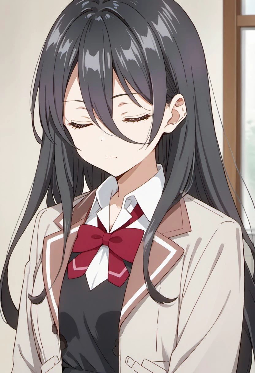 score_9, score_8_up, score_7_up, source_anime,ayano kimishima, long hair, black hair, hair between eyes, purple eyes, 1girl, solo, closed eyes, bow, red bow, collared shirt, school uniform, shirt, jacket, bowtie, closed mouth, white shirt