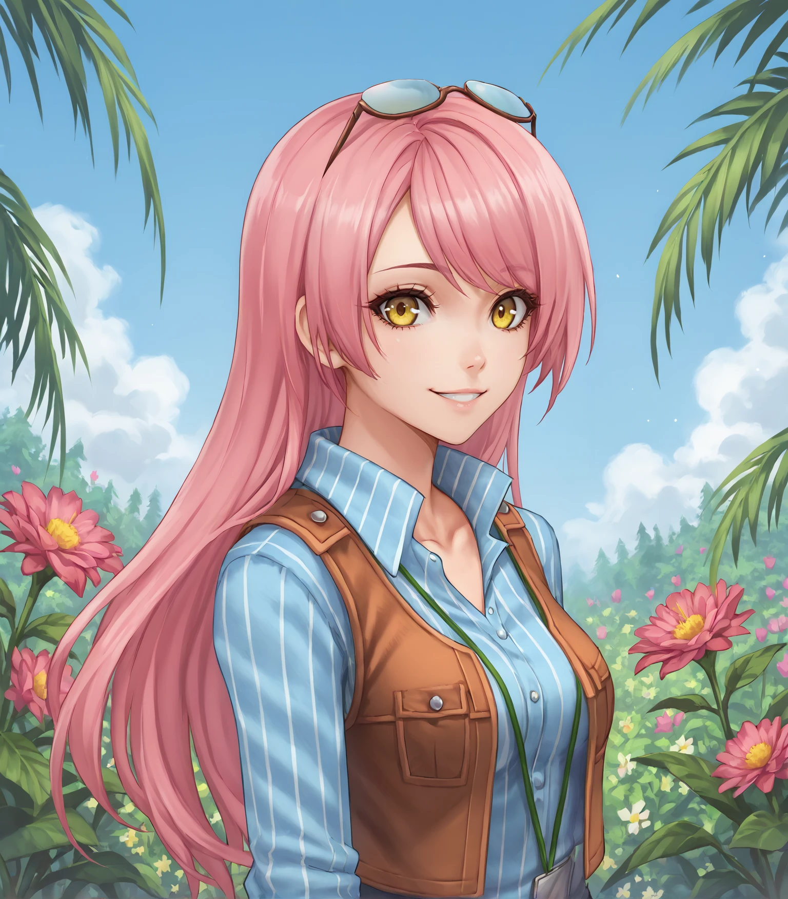 score_9, score_8_up, score_7_up,
1girl, solo, <lora:Vivi:0.9>, Vivi, pink hair, long hair, yellow eyes, medium breasts, eyewear on head, striped shirt, vest, jeans, pants, boots,, 
outdoors, flowers, plants, sky, 
looking at viewer, upper body, portrait, smile,
<lora:LDART_style_pony_v3:0.7>,, <lora:Racoonkun_Artist_Style:0.4>, racoonsan,,