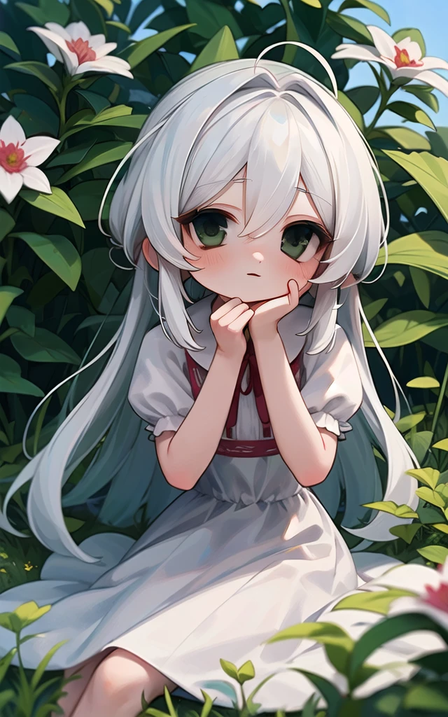 (masterpiece, best quality),1girl with long white hair sitting in a field of green plants and flowers, her hand under her chin, warm lighting, white dress, blurry foreground <lora:Uee_M__Style:1>
