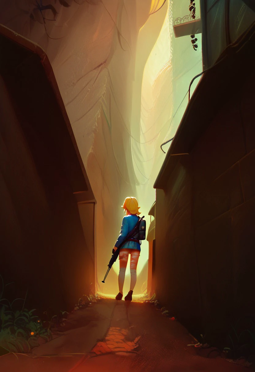 (score_9, score_8_up, score_7_up), 1girl, 20 year old, princess peach, vault dweller, in wasteland, ripped clothes, full body, leaning on an assault rifle, Far Away